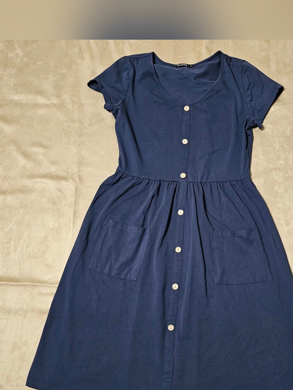 Ouges Cute 95% Cotton Navy Button-Front Short Sleeve Dress M